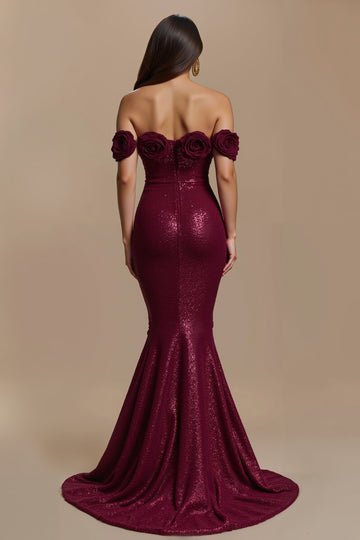 Robe de vacances sirène bordeaux à épaules dénudées avec fleurs 3D